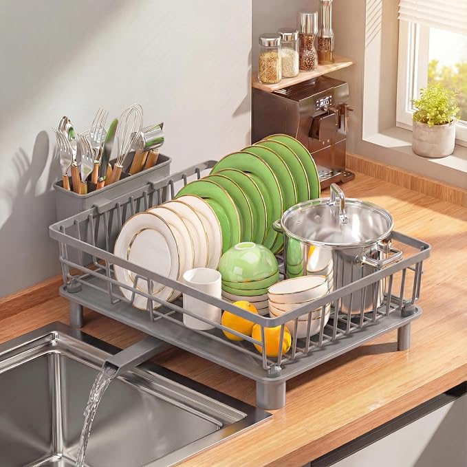 Dish Drying Rack for Kitchen Counter,Stainless Steel Drainers Rack with Detachable Cutlery Holder,Automatic Drainage System,Anti-Rust Dish Strainer Ideal for Families and Home