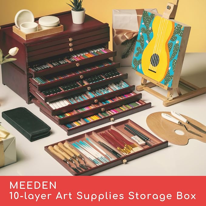 MEEDEN 10-Drawer Wood Artist Supply Storage Box, Portable Beechwood Multifunctional Pencil Brush Organizer Wood Box with Drawer&Compartments for Pastels, Pencils, Pens, Makeup Brushes(Deep Walnut)