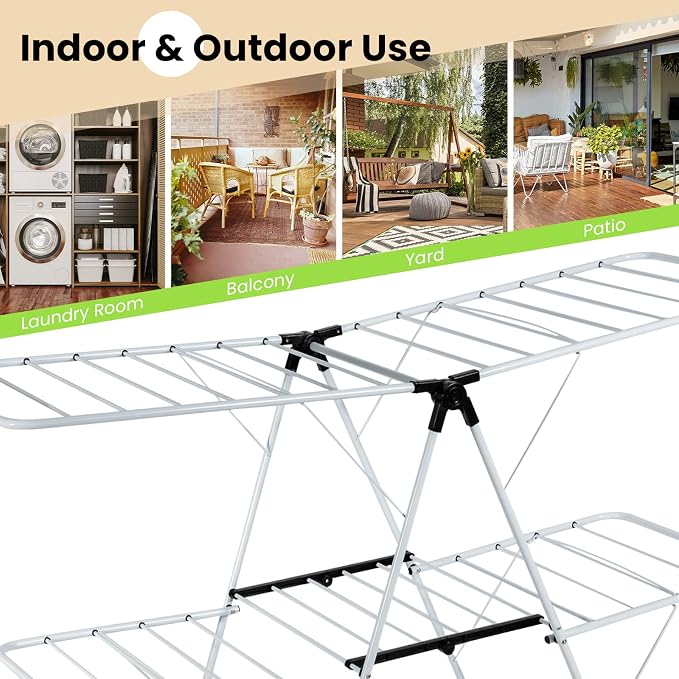 COSTWAY Clothes Drying Rack, Foldable 2 Tier Clothing Laundry Rack | Height-Adjustable Wings, 33 Drying Rails & Sock Clips, Portable Space Saving Racks for Apartment, RV, Indoor & Outdoor Use