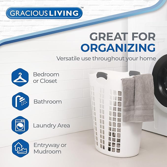Gracious Living Laundry Basket, Easy Carry Flex Collapsible Hamper, 87.5L | Large Plastic Clothes Storage Organizer for Home, Bathroom, and Bedroom, White