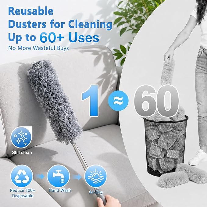 Duster with Extension Pole 30-100 Inches, Bendable Microfiber Cobweb, Gray, Duster for Cleaning Ceiling Fan, High Ceiling, Roof, Window & Blinds