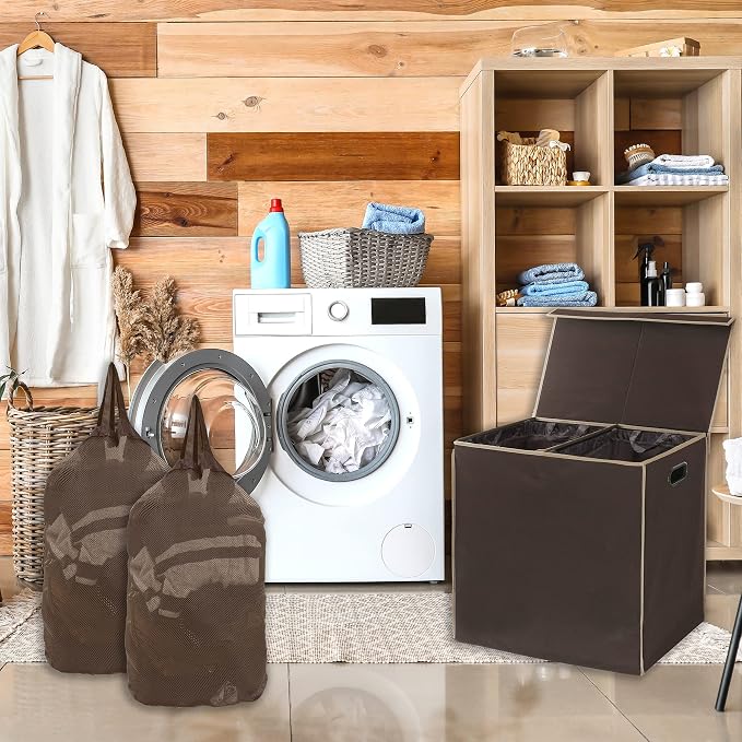 Simple Houseware Double Laundry Hamper with Lid & Removable Bags, Brown