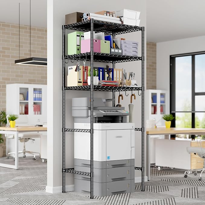 REIBII 3-Tier Mini Fridge Shelf with Storage, 264LBS Metal Shelving with 8 Hooks, Adjustable Height Organizer for Dorm, Kitchen, Apartment & Office, Microwave Rack, 26.38" Wx18.1 Dx65.36 H, Black