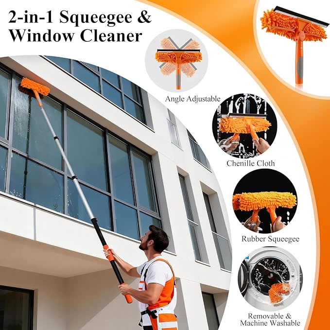20ft High Ceiling Duster Kit with 4-12ft Heavy-Duty Extension Pole, Cobweb Duster, Ceiling Fan Duster, Window Squeegee & Cleaner, Microfiber Duster, Wall Mop for Home High Reach Cleaning