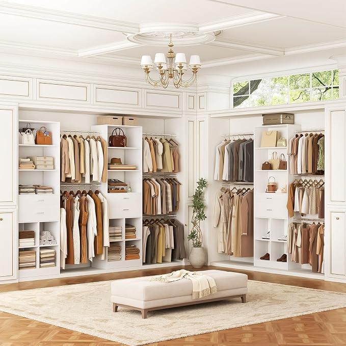 Besiost Closet System, 4-8 FT Closet Organizer Tower with 2 Wooden Drawers and 5 Hanging Rods, Can Fit 60 to 96 inch Walk-in Closet System, White