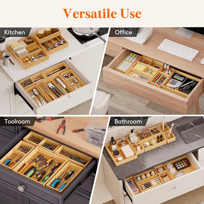 Lifewit Drawer Organizer 15 Pack(33 Grid) with 18 Inserts | Adjustable Bamboo Wooden Trays for Utensils, Silverware, Makeup, Kitchen, Bathroom, Office, Vanity Storage