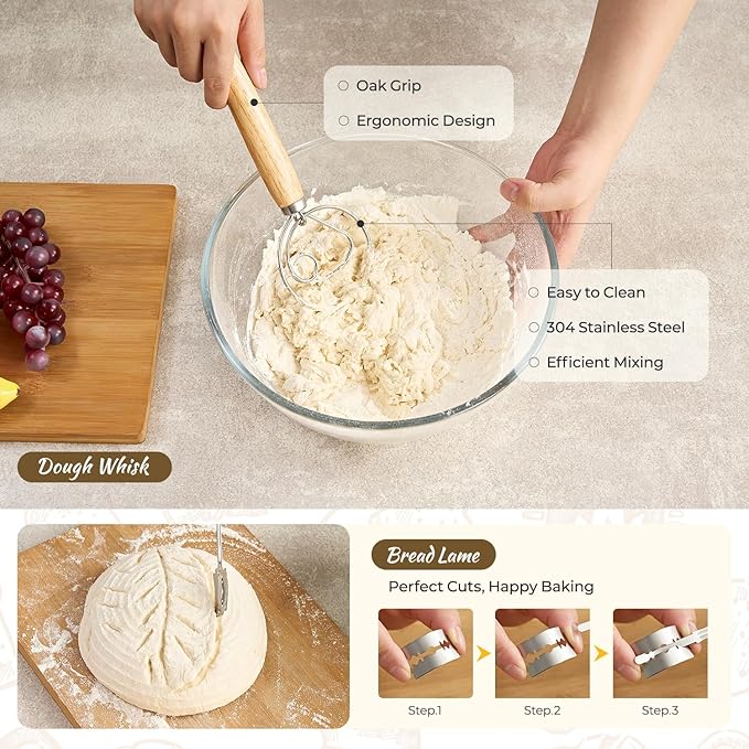 Sourdough Starter Kit, 9PCS Sourdough Breads Baking Supplies, Silicone Banneton Bread Proofing Basket Set with 9" Round & 10" Val, Bread Sling, Whisk, Bread Lame, Sour Dough Baking Tools