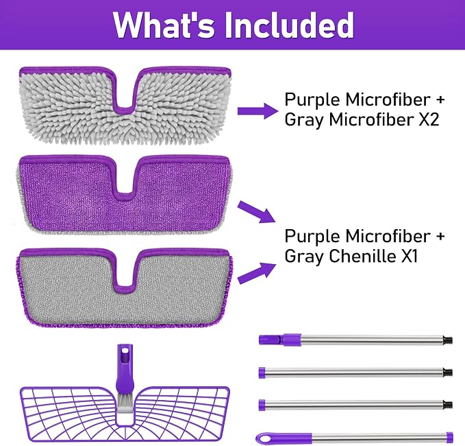 2-Sided Microfiber Flat Mop for Hardwood Floors & Walls Cleaning | Flip Dust Broom, Wet Dry Use, 3 Chenille & Microfiber Pads, 58" Handle, 360° Swivel, Sweep Pet Hair, Tile, Laminate, Kitchen
