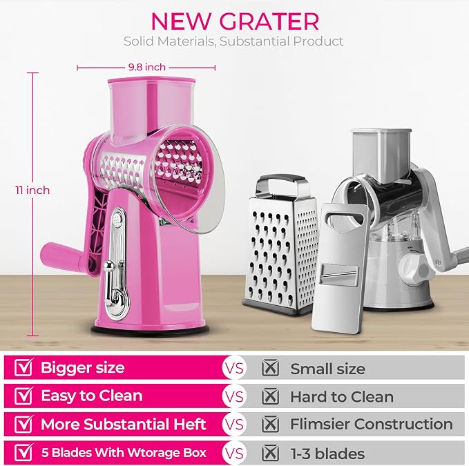 SUSTEAS Rotary Cheese Grater with Handle - Vegetable Shredder with 5 Well-designed Blades & Strong Suction Base,Round Mandoline Slicer & Food Chopper for Kitchen,with Blade Storage Box(Pink)