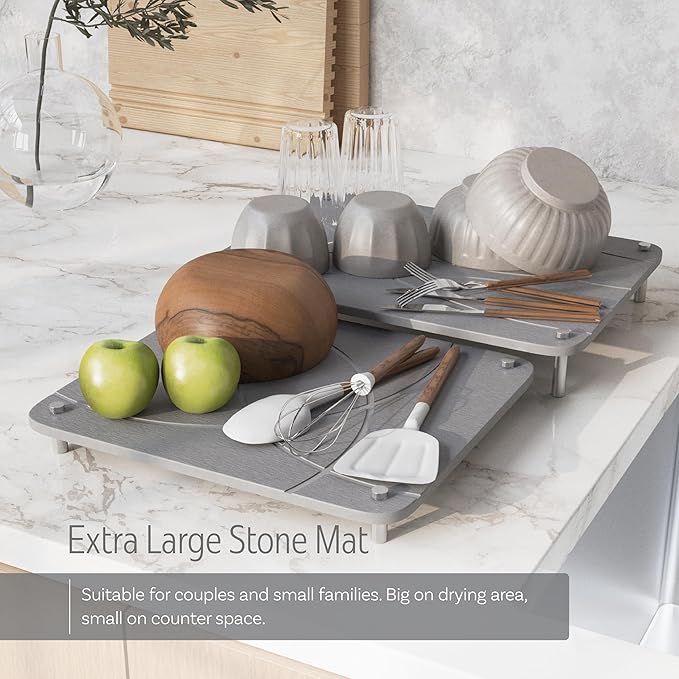 Nested Dish Drying Stone Mat with Bamboo Rack | Large 16"x12" Dish Drying Mat plus 13"x12" Diatomaceous Earth Stone Mat | Expands to 29” x 12” | Premium Stone Mat for Kitchen Counter (Light Gray)