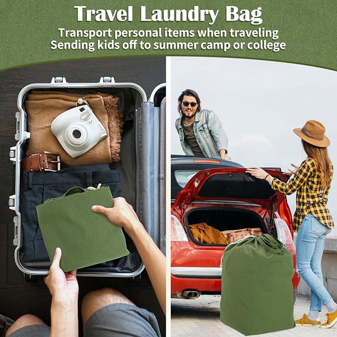 Canvas Laundry Bags with Handles & Rectangular Base, 20"Wx15"Dx27.6"H Green | Extra Large Heavy Duty Laundry Basket Hamper Liner Replacement, Washable Drawstring Dirty Clothes Bag, Canvas Storage Sack