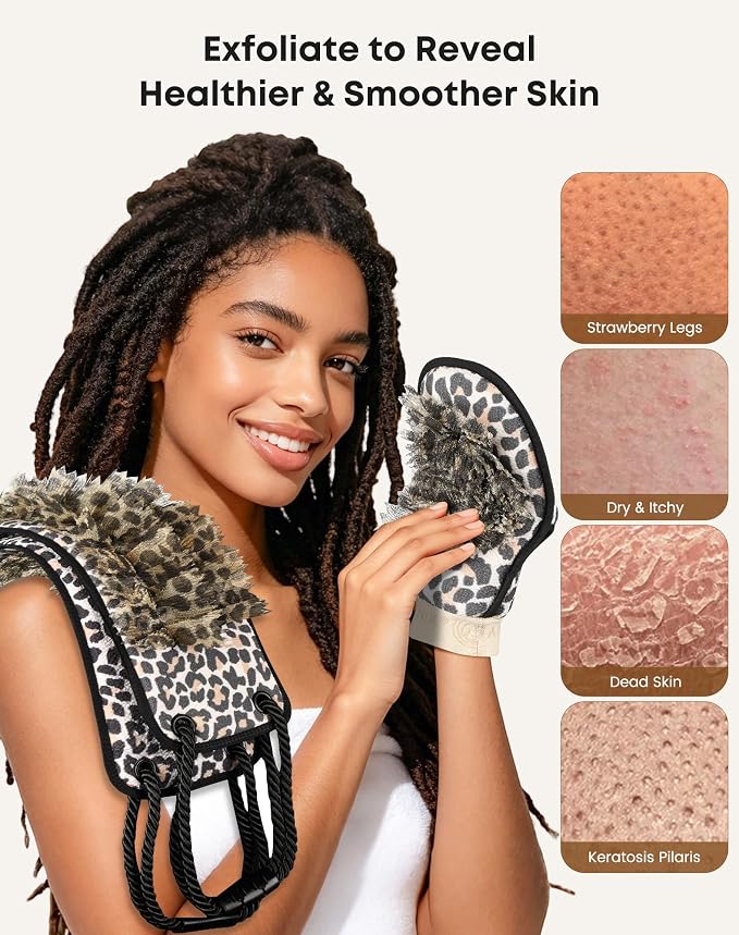 eaxun Exfoliating Back Scrubber with Two Handles & Glove for Shower, Dual-Sided Mitt and Wider Bath Exfoliator with Mesh Loofah for Men, Women, Elderly, Deep Cleansing Body Washer Set - Leopard