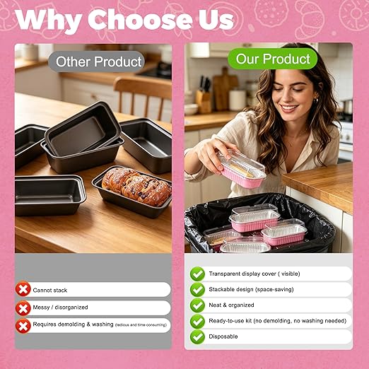 NPLUX Mini Cake Pans with Lids and Spoons, 50 Pack Pink Mini Loaf Pans with Lids, Mini Cake Containers for Baking, Mini Cheesecake and Party Desserts, Graduation Gifts Party Favors