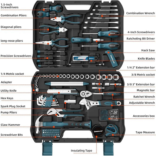 Home Tool Kit 199 Piece Basic Household Auto Repair Tool Set Car Toolbox General Hand Tool Kit for Home Men Women DIY with Plastic Toolbox (Blue and black)