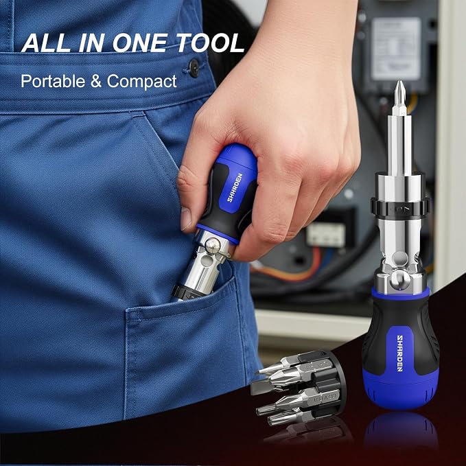 8 in 1 Stubby Ratcheting Screwdriver, Multi Bit Screwdriver Tool | All in One with 6 CRV Bits Phillips, Slotted, Torx,180 Degree Pivoting Adjustable Angle Screw Driver Set for Tight Spaces