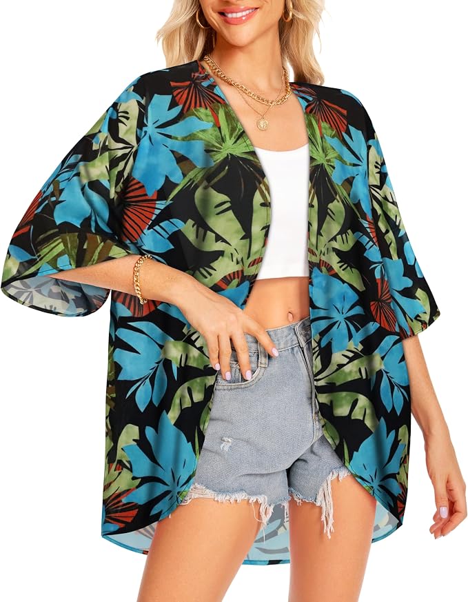 Women Kimono Cardigans Summer Cover Up Hawaiian Shirts Floral Print Tops | ROSEMIA chiffon kimono open front cardigans, beach cover ups, daily casual tops, cruise outfits, summer resort wear