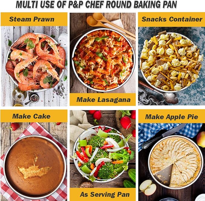 P&P CHEF Cake Pan Set of 3, 8" + 9.5" + 11" Round Baking Layer Tier Cake Pans Tins, Stainless Steel Bakeware for Birthday Weeding, Heavy Duty & Non Toxic, Mirror Finish & Dishwasher Safe