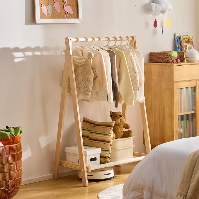 Kids Clothes Rack,Foldable Solid Wood Small Baby Clothes Rack with Bottom Storage Shelf,for Laundry Drying,Mini,Floor Standing,Portable(39.4" L)