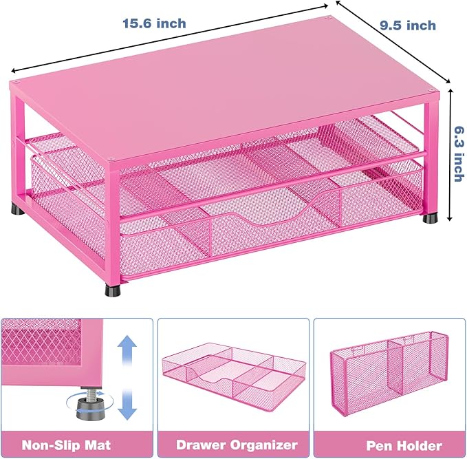 OPNICE Desk Organizers and Accessories, Computer Monitor Stand Riser with Drawer and 2 Pen Holders, Printer & Laptop Stand, Office Desk Accessories & Workspace Organizers for Home Office Supplies, Carmine Rose