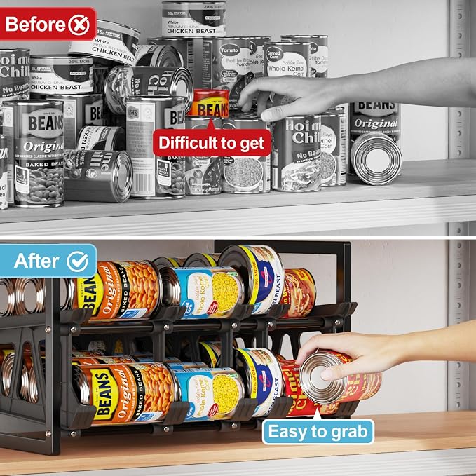iSPECLE Can Storage Organizer Pantry - Auto-Rolling Expandable Hold 80 Cans | Stackable For Walk-in Deep Pantry Shelve, Adjustable Width for Food Cans, Sturdy Metal Frame, Easy Access & Restocking, Black