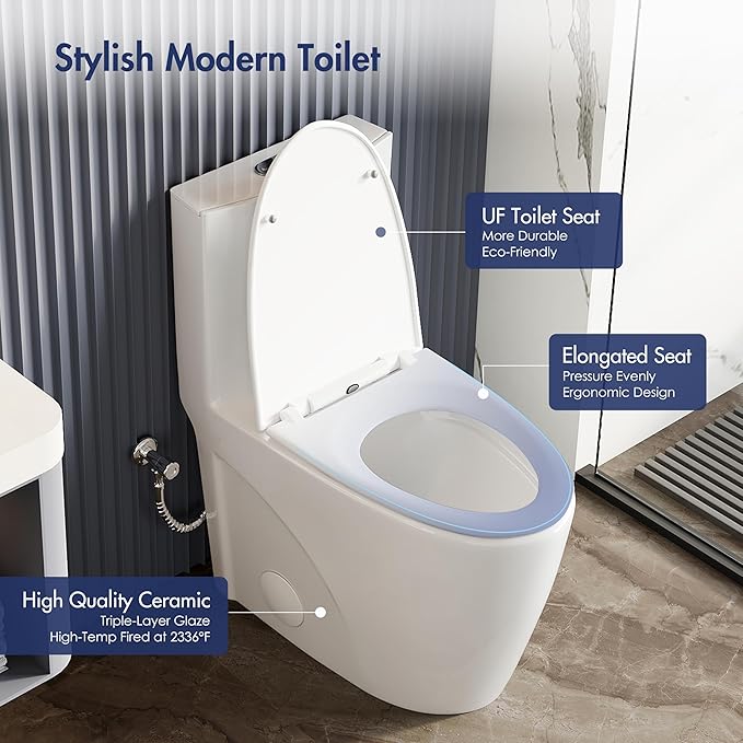 Eridanus Elongated One Piece Toilet with Powerful Siphon Dual Flush 1.1/1.6 GPF, 12" Rough-In Modern Bathroom Toilets with Comfort Soft Closing Seat Height 17", ADA Compliant Bowl, White