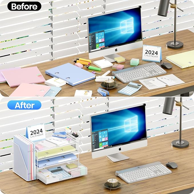 OPNICE Desk Organizer, 4-Tier Desktop File Organizer with Drawer and Pen Holders, Office Desk Accessories, File Sorters, Workspace Organizers for Office Supplies(White)