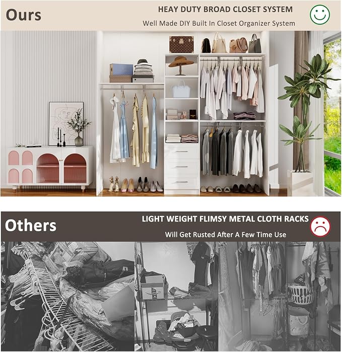 Closet System with Drawers, 5-8FT Closet Organizer Systems with Expandable Hanging Rods, 91.36" Closet Shelving Systems for Walk in Closets, Heavy Duty Wall Mount Closet Systems-White