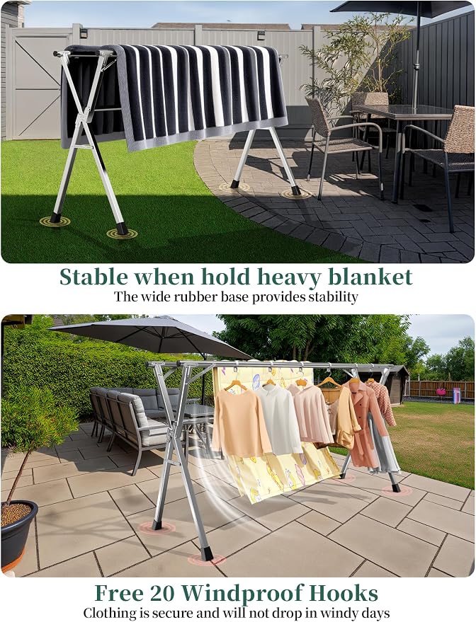 Folding Stainless Steel Laundry Drying Rack 79 Inches | Heavy-duty stainless steel, Foldable & Retractable, Holds up to 150 lbs, Includes 20 windproof hooks for indoor & outdoor use