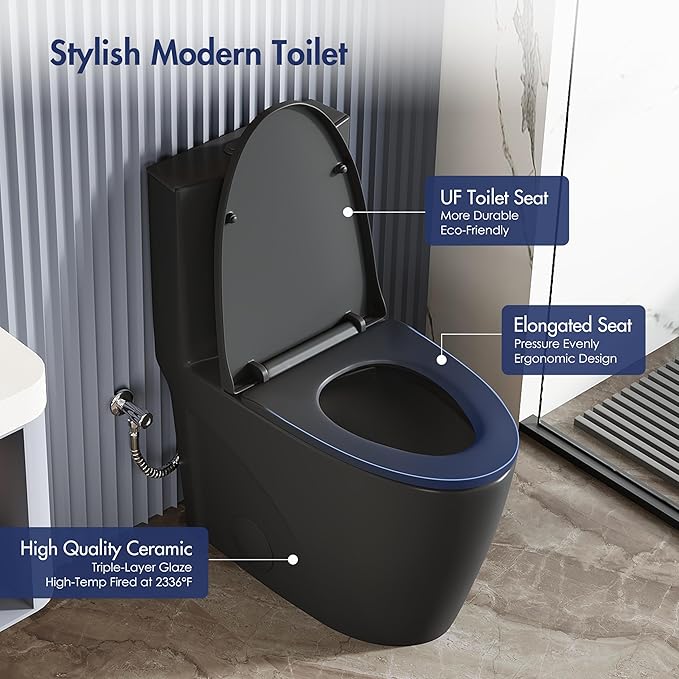 Eridanus Elongated One Piece Toilet with Powerful Siphon Dual Flush 1.1/1.6 GPF, 12" Rough-In Modern Bathroom Toilets with Comfort Soft Closing Seat Height 17", ADA Compliant Bowl, Matte Black