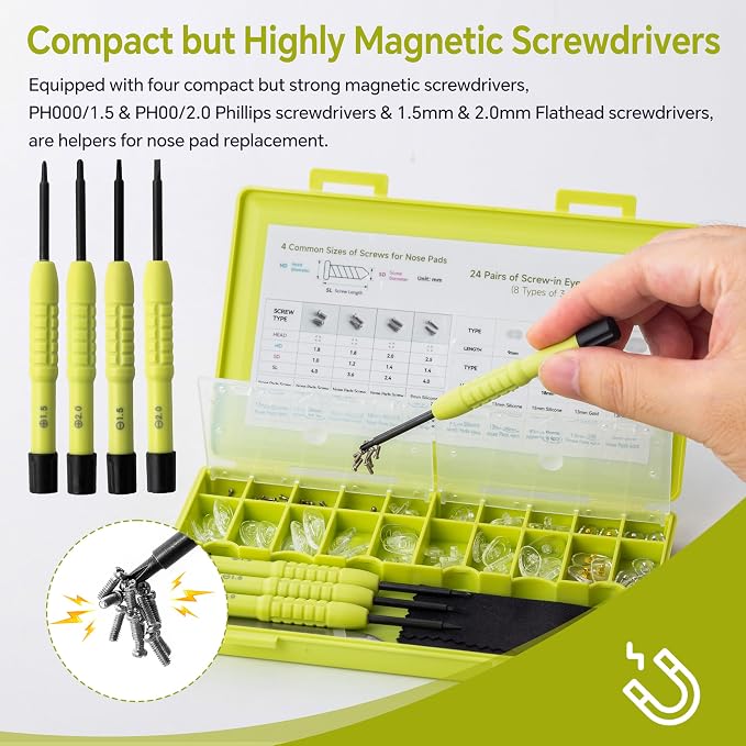 Eyeglass Nose Pads Replacement, 24 Pairs of Screw-in Glasses Nose Pads with Precision Screwdriver Set, Magnetic Eyeglass Repair Kit with Screws, Curved Tweezer for Travel, Birthday Gift, Christmas