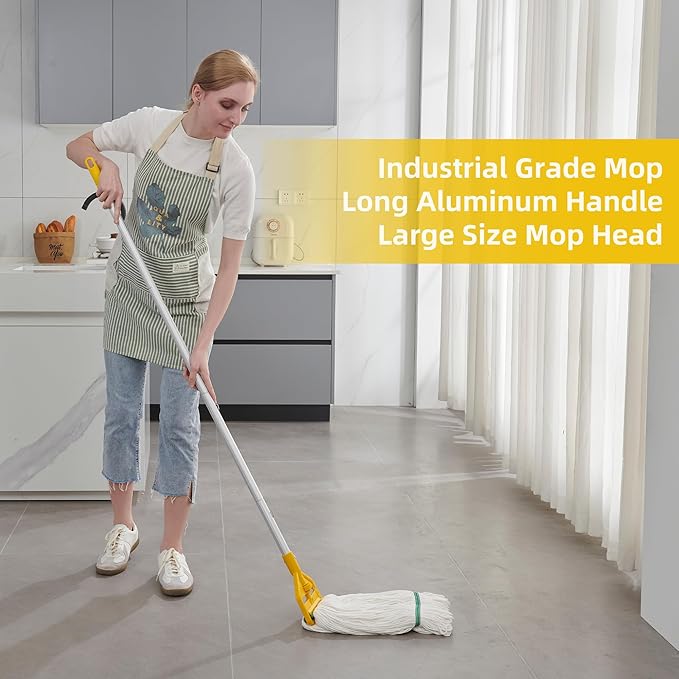Midoneat Commercial Heavy Duty Industrial Mop with Long Handle,59" Looped-End String Wet Cotton Mops for Floor Cleaning, Including Three mop Head Replacement
