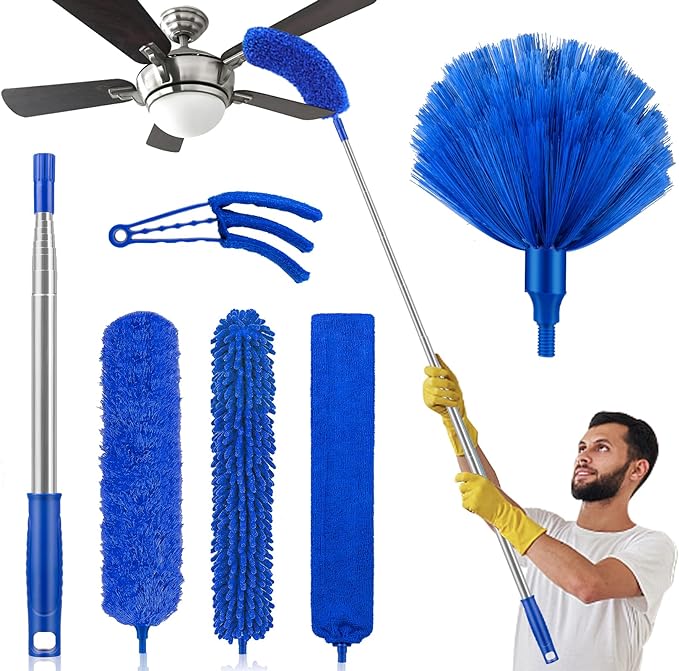 Duster with Extension Pole for High Ceilings & Ceiling Fans, Cobweb Duster | 30-100" Stainless Steel Pole, Bendable Washable Heads, Cobweb and Gap Cleaning, Detachable Heads, Complete 6-Piece Duster Kit