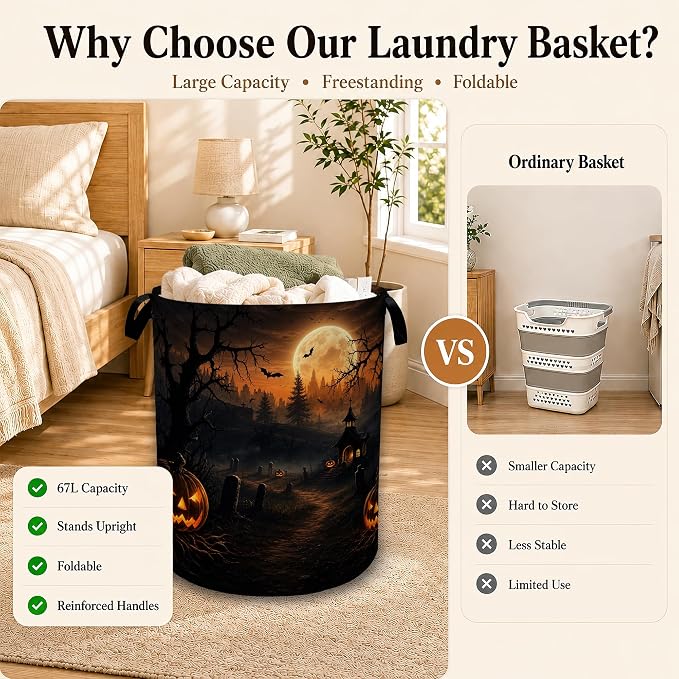 Halloween Pumpkin Night Laundry Basket with Handles, Foldable Tall Oxford Clothes Hamper, Lightweight Water-Resistant Storage Bin for Bedroom Bathroom College Dorm, 16 x 20.8 Inch
