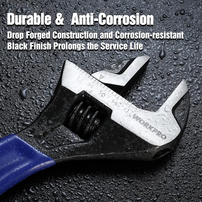WORKPRO 8-Inch Adjustable Wrench, Cr-V Steel Wide Jaw Black Oxide Wrench | Metric & SAE Scales,Ideal for Home Repairs, Garage, Workshop and DIY Applications