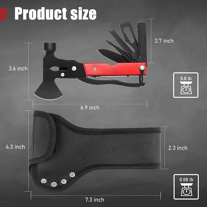 Leopcito 14-In-1 Multitool Camping Hammer - Survival Gear with Axe, Knife, Screwdriver, Pleirs, Saw, Bottle Opener and More -Portable Outdoor Tool Gift with Nylon Sheath for Men & Dad