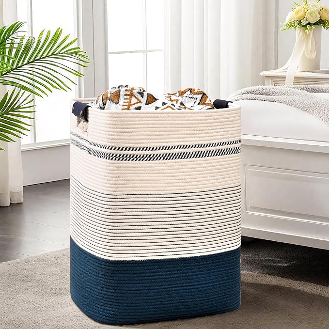 Laundry Hamper, 75L Tall Laundry Basket with Leather Handles, Rectangle Large Clothes Hamper for Organizing, Cotton Woven Laundry Baskets Storage Hampers for Bedroom, Nursery, Living Room