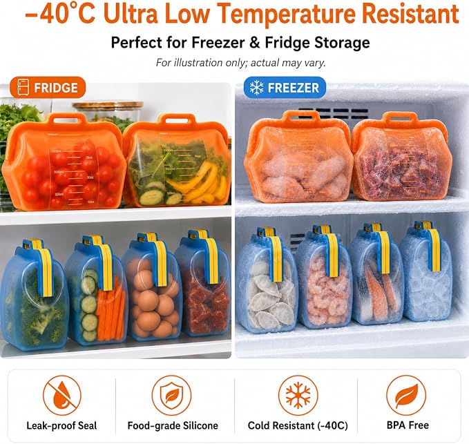 Reusable Silicone Food Storage Bags, NUZEAK Magnetic Seal Reusable Storage Bags, Stand Up Silicone Freezer Bags for Food, Fruit, Snack, Sandwich, Meal Prep, Dishwasher Safe, 50oz, 1 Pack