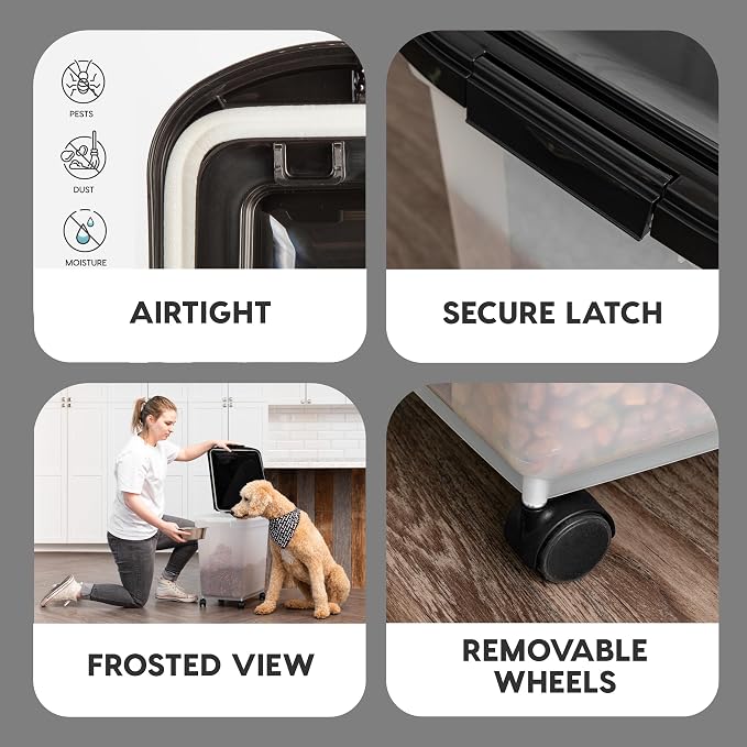 IRIS USA Airtight Dog Food Storage Container, WeatherPro, Up to 50 lbs, Removable Wheels, for Dog Cat Bird and Other Pet Food Storage Bin, Keep Fresh, Translucent Body, Made in USA, Clear/Black