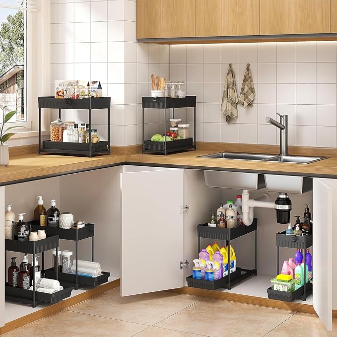 Sevenblue Under Sink Organizer, Bathroom Organizers and Storage, 2 Tier Multi-Use Pull Out Cabinet Organizer with Hang Hooks and Cups (Black, 14.8 Inch)