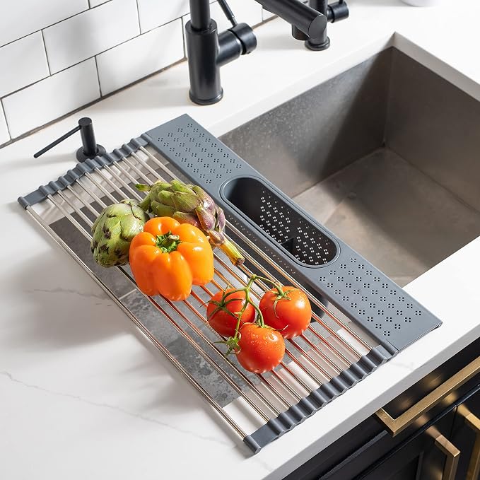 edge Roll Up Dish Drainer, Over The Sink Multi-Purpose Foldable Drying Rack with Caddy, Gray, Medium- 17.3"x11"