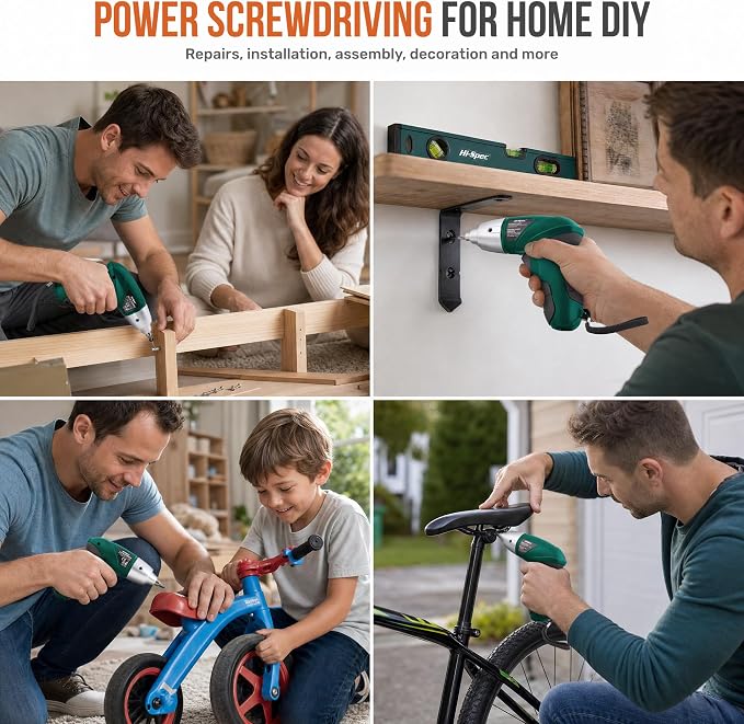 Hi-Spec 4V USB Electric Screwdriver Tool Kit for Home Repairs, Green | 42pc, fast assembly help, common screw bit selection, LED visibility, compact grip, quick household fixes, organized storage