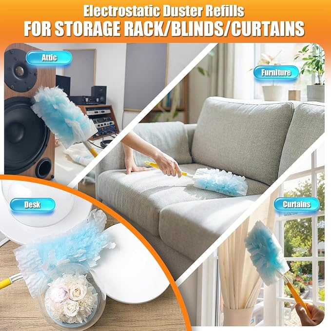 60 Count Duster Refills Compatible with Swiffer Duster, 180° Disposable Multi-Surface Microfiber Cleaning Dusters, Unscented