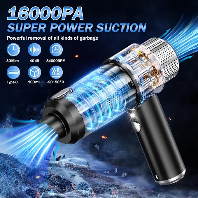 KMM Handheld Car Vacuum Cleaner, Hand Held Vacuum Cleaner & Air Duster | 16000PA Strong Suction, 120W High Power, Portable & Rechargeable, LED Light, Multi-Nozzles for Home, Car, Office, Pet