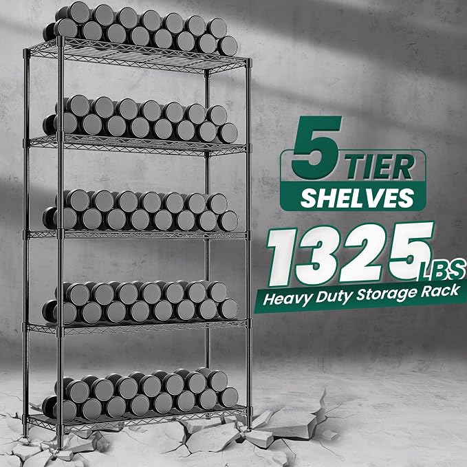 5-Tier Storage Shelves 72" H Wire Shelving, Adjustable Metal Shelving Pantry Shelves, 1325LBS Heavy Duty Rack with Shelf Liners for Garage Commercial Kitchen, 36" W x 14" D x 72" H, Black