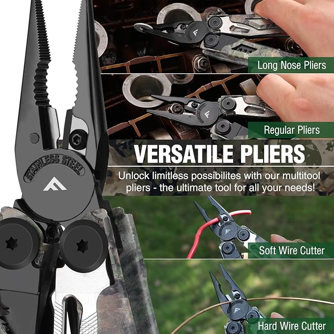 FLISSA 18-in-1 Camo EDC Multitool Pliers Fire Starter with Sheath | Equipped with Fire Starter, Window Breaker, Whistle, Stainless Steel, Perfect for Survival, Simple Repair, Camping