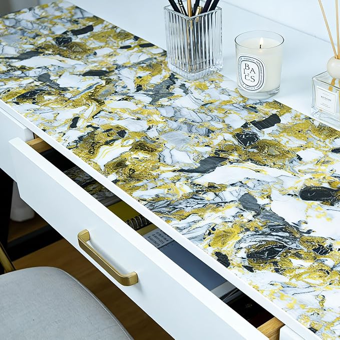 Drawer and Shelf Liner - Yellow Black Marble Pattern,Non Adhesive Non Slip Waterproof Easy-Clean Liner for Kitchen Cabinet, Refrigerator, Bathroom, Pantry Storage Drawers, 17 in x 30 Ft