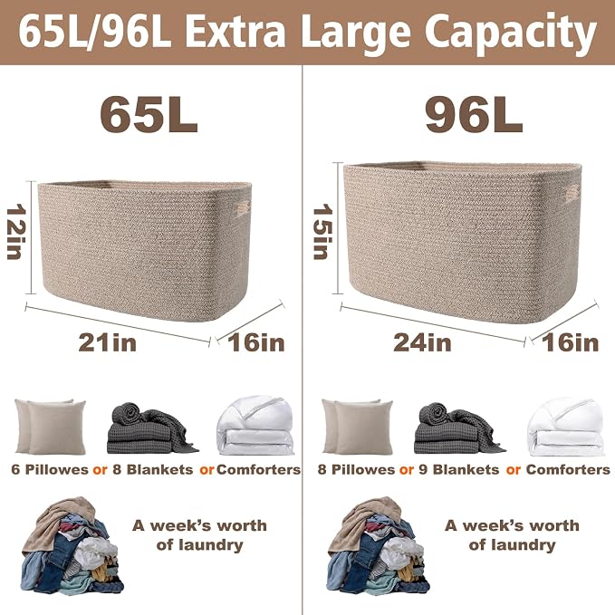 JMvicyroam 96L Large Woven Cotton Rope Blanket Basket, Oatmeal | Blanket Storage for Living Room or Bedroom Use, Freestanding with Reinforced Handles, Entire Basket is Machine Washable