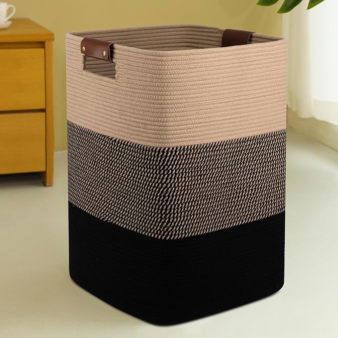 Laundry Hamper 96L Extra Large Laundry Basket, Woven Blanket Basket | Cotton Woven Storage Hamper with Handles for Living Room, Large Baskets for Pillows, Blankets, Clothes-Black & Yellow