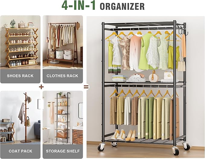 Neatrays Rolling Clothes Rack for Hanging Clothes, 47.2"x 11.8"x 79" Large Capacity Garment Rack with Double Rods & 3 Wire Shelves, Portable Closet with Wheels for Bedroom, Laundry, Balcony (Black)