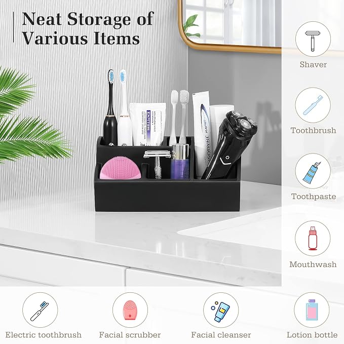Luxspire Bathroom Counter Organizer, 5 Slots, Matte Black | Toothbrush Holder for Bathroom, Marble Bathroom Accessories for Toothbrush Toothpaste